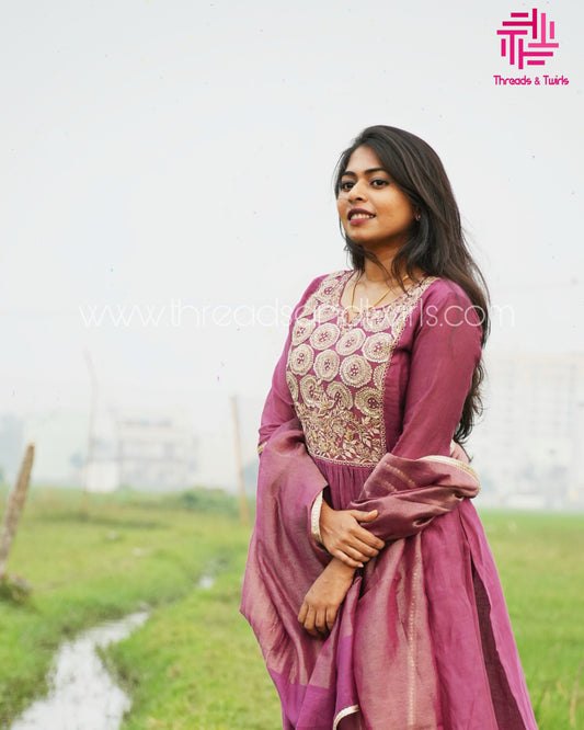Wine Mul Chanderi Salwar Suit with Embroidered Yoke | Threads & Twirls