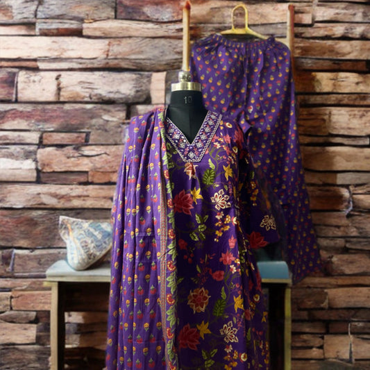 Purple Floral Cotton Suit Set with Embroidered Neckline | Pant & Dupatta Included