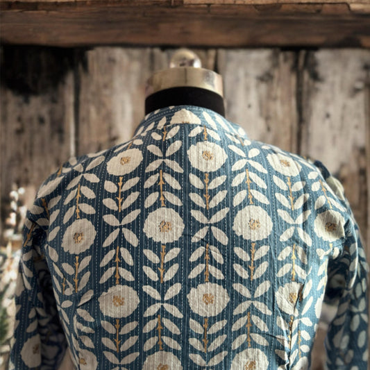 Light Blue A-Line Cotton Kurta with Kantha Work, Chinese Collar & Side Pocket β Elegant Everyday Wear