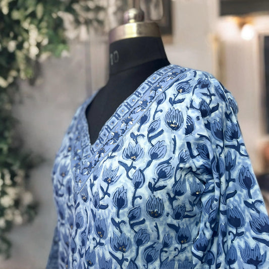 Indigo Blue Cotton Printed Kurta Pant Set with Dupatta – Elegant Floral & Geometric Design
