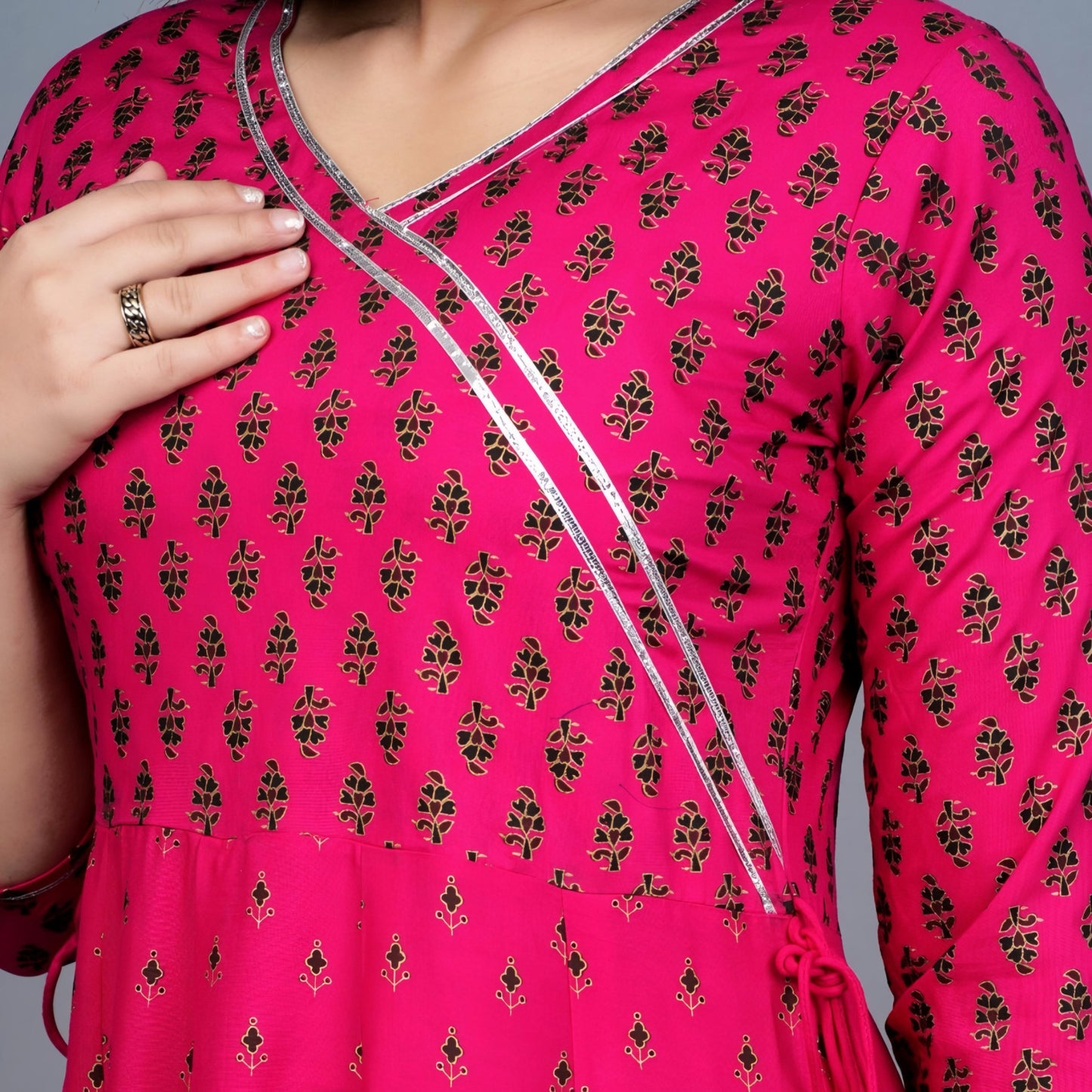 Pink Printed Rayon Anarkali Kurta with 3/4 Sleeves & Side Tassels – Elegant Ethnic Wear for Women | Threads & Twirls