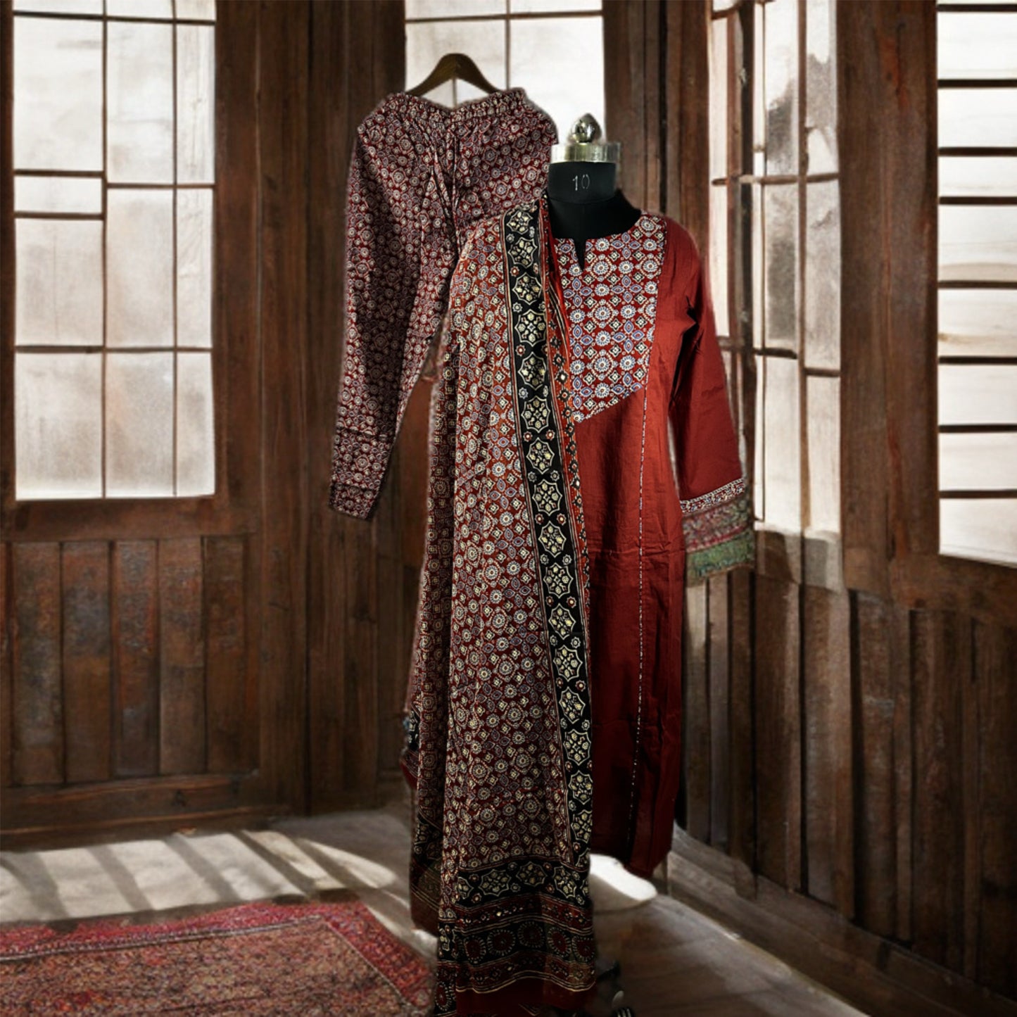 Rust Red & Printed Cotton Salwar Suit with Dupatta – Threads & Twirls