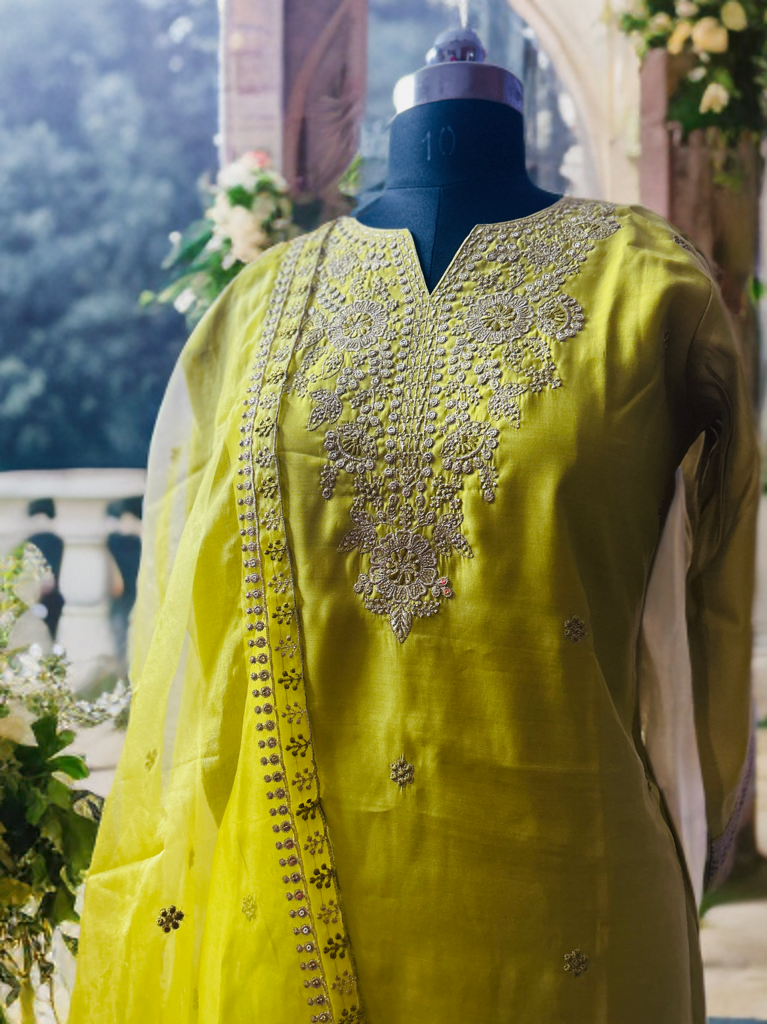 Lime Green Embroidered Silk Kurtha Set – Festive & Designer Wear