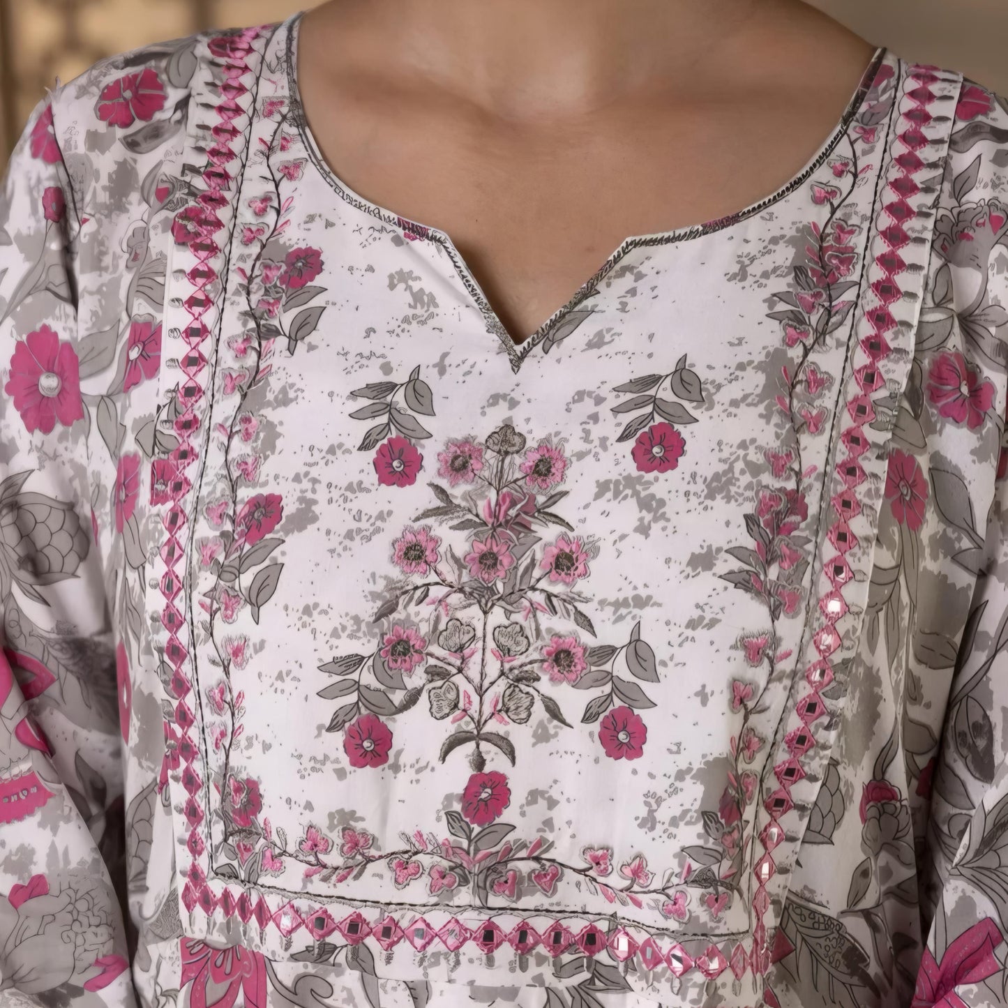 Grey and Pink Floral Anarkali Kurta | Threads and Twirls