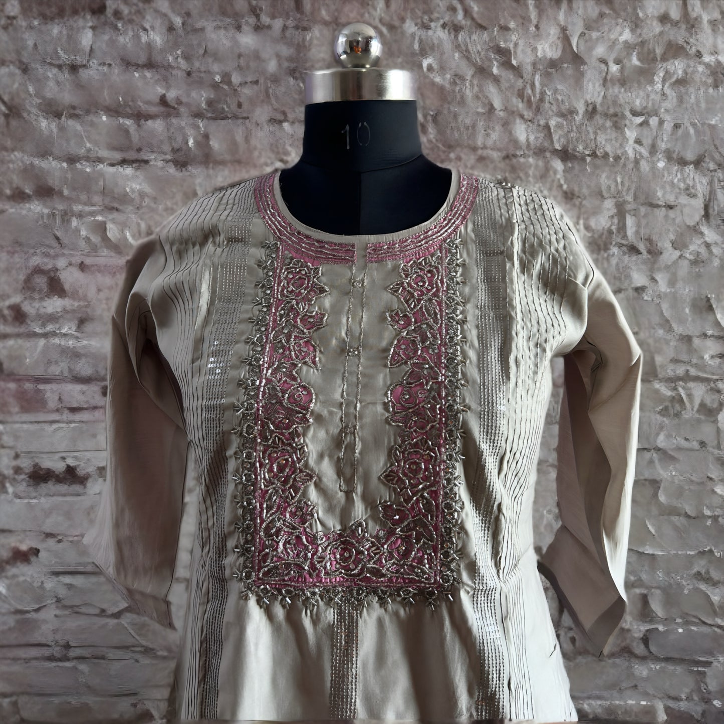 Silver Grey Roman Silk Salwar Suit with Contrast Pink Floral Dupatta & Embroidered Yoke