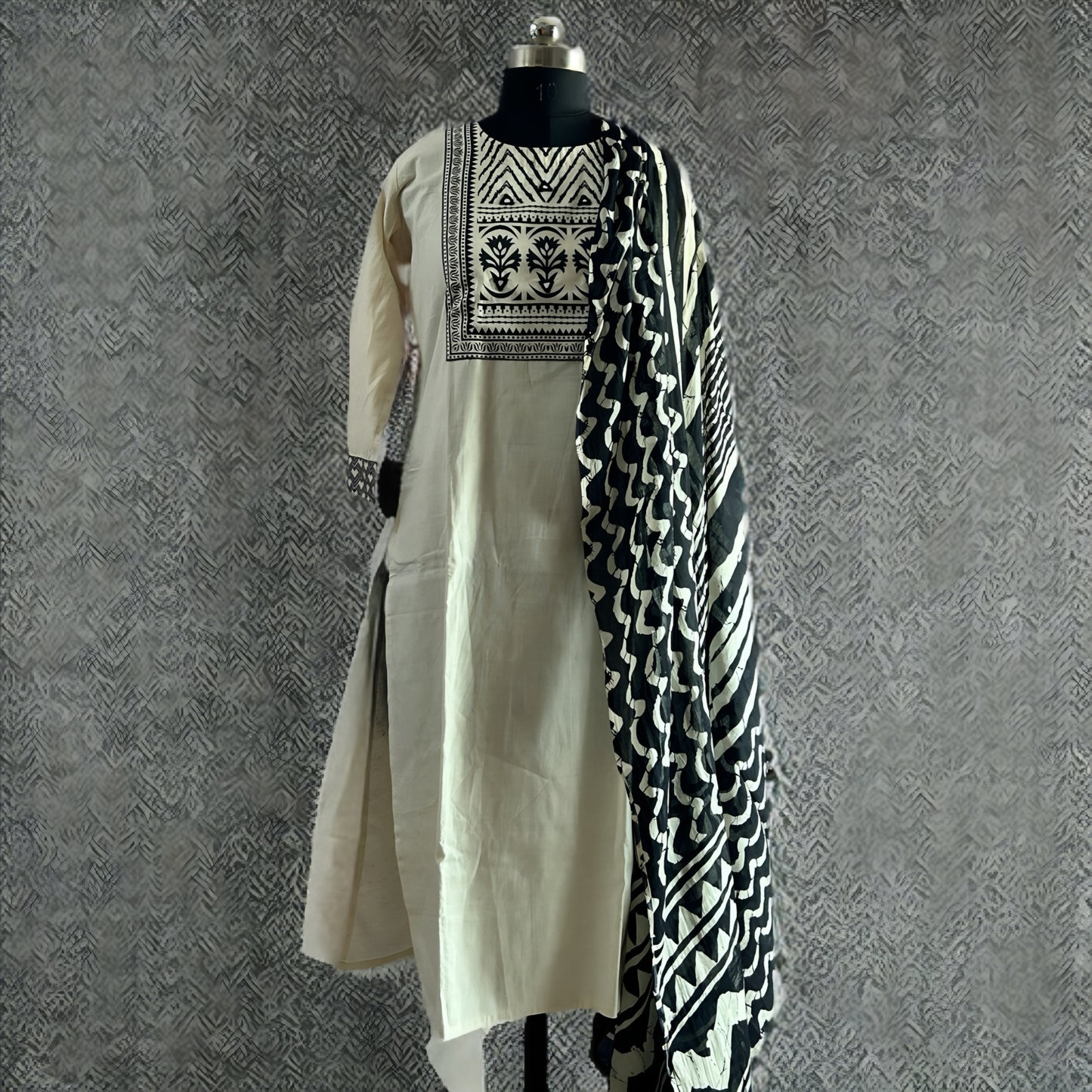 Elegant White Cotton Salwar Suit with Black Printed Dupatta & Matching Pant