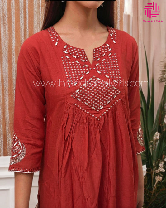 Orange Mirror Work Embroidered Salwar Suit with Flared Kurta | Threads & Twirls