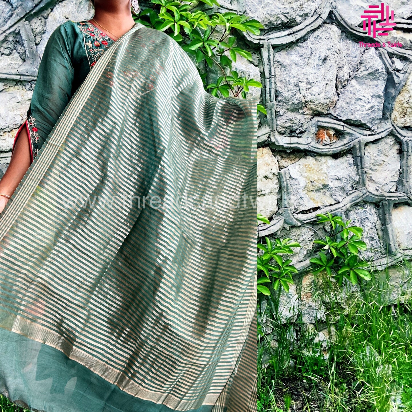 Bottle Green Mul Chanderi Salwar Suit Set with Handwork Zardosi | Threads & Twirls