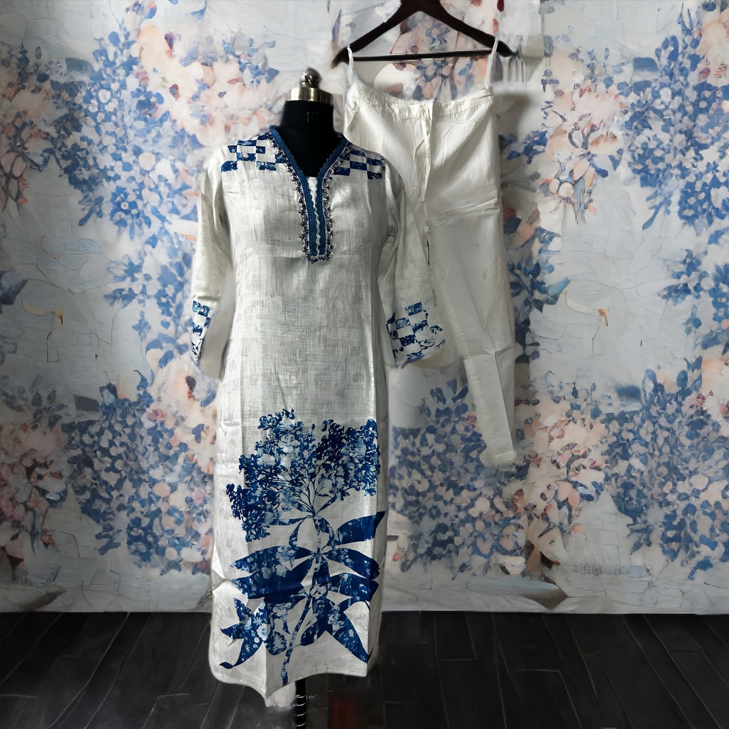 White Cotton Blend Salwar Suit with Blue Floral Print & Dupatta | Threads & Twirls