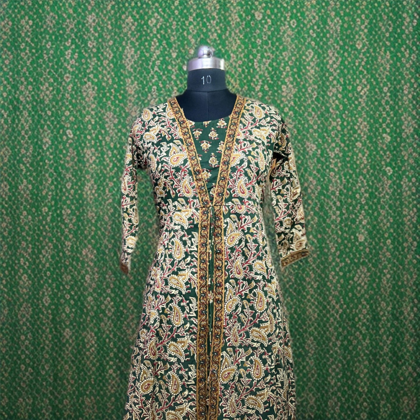 Elegant Kalamkari Green A-Line Suit with Embroidered Detailing