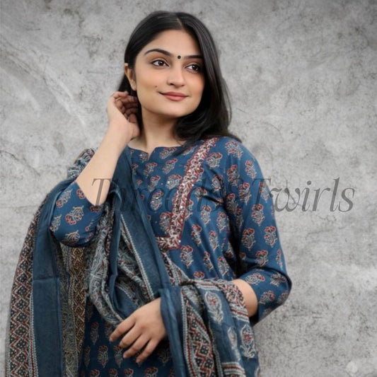 Neelaveni - Straight Cut Kurtha Set - Blue & Red | Threads & Twirls