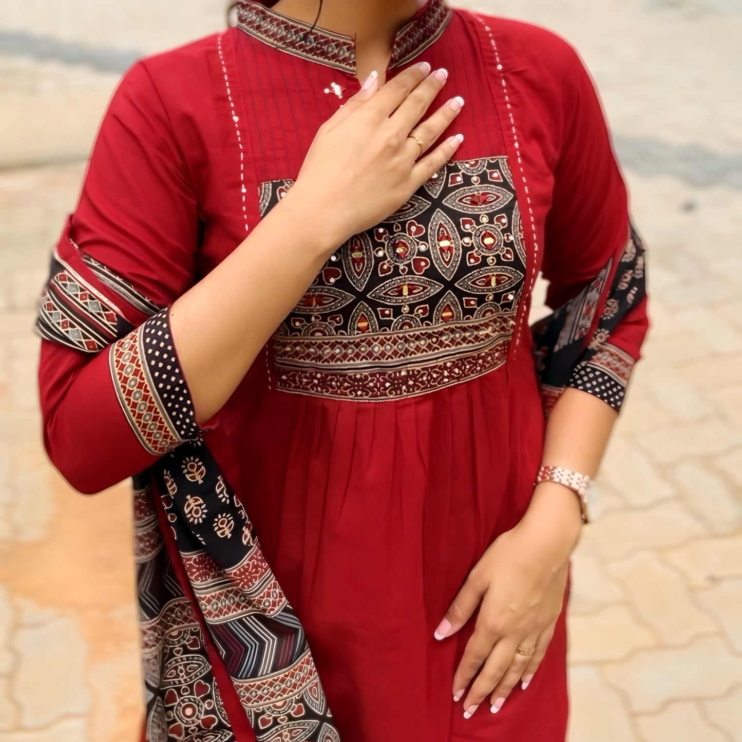 Maroon Cotton Salwar Suit with Mirror Embroidered Yoke | Threads & Twirls