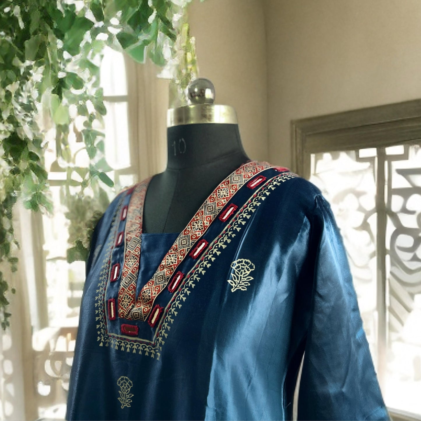 Royal Blue Gajji Silk Kurta with Kalamkari Patchwork, Mirror Detailing & Block Prints – Festive Ethnic Elegance | Threads & Twirls
