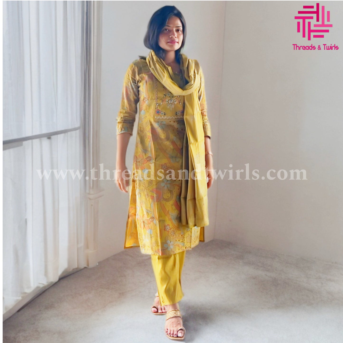 Mustard Yellow Viscose Silk Salwar Suit with Embroidered Yoke & Printed Dupatta | Threads & Twirls
