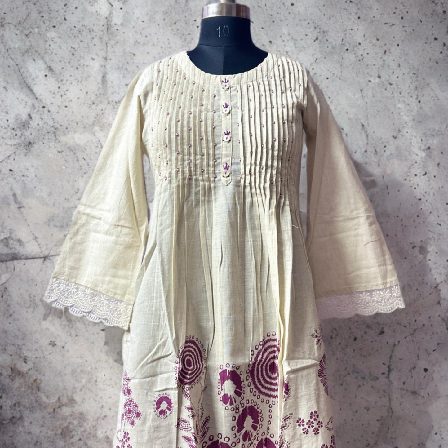 Khadi Cotton Kurta Pant Set with Pintuck Yoke & Floral Block Print – Handcrafted Elegance