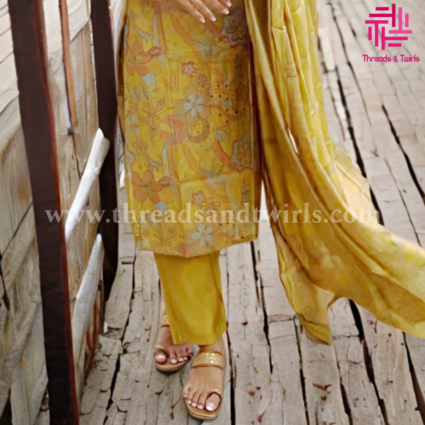 Mustard Yellow Viscose Silk Salwar Suit with Embroidered Yoke & Printed Dupatta | Threads & Twirls
