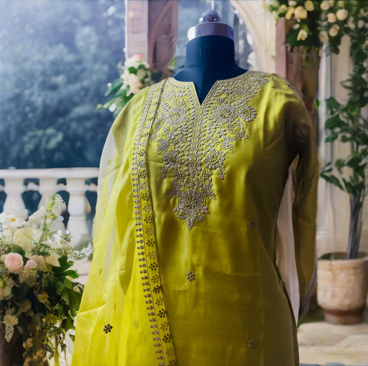 Lime Green Embroidered Silk Kurtha Set – Festive & Designer Wear