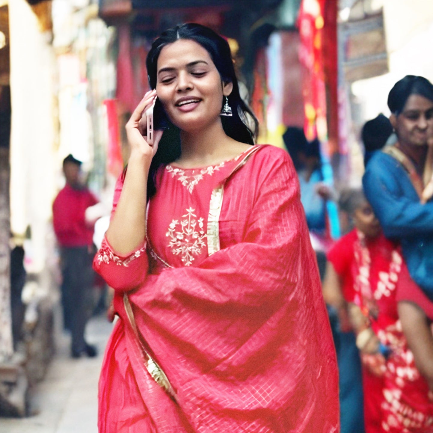 Tomato Pink Mul Chanderi Salwar Suit with Zari Embroidery | Threads & Twirls