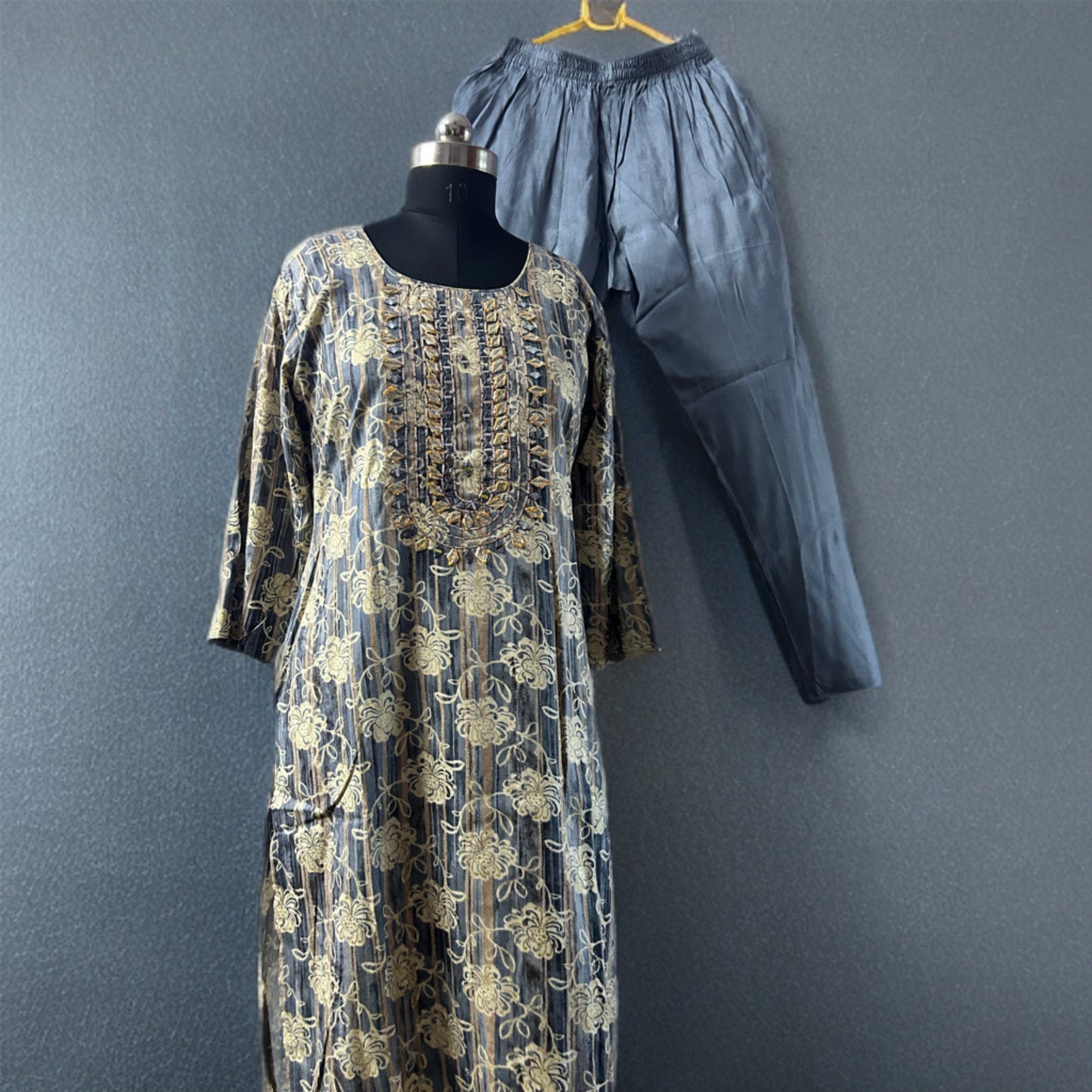 Elegant Grey & Gold Embroidered Salwar Suit with Dupatta – Threads & Twirls
