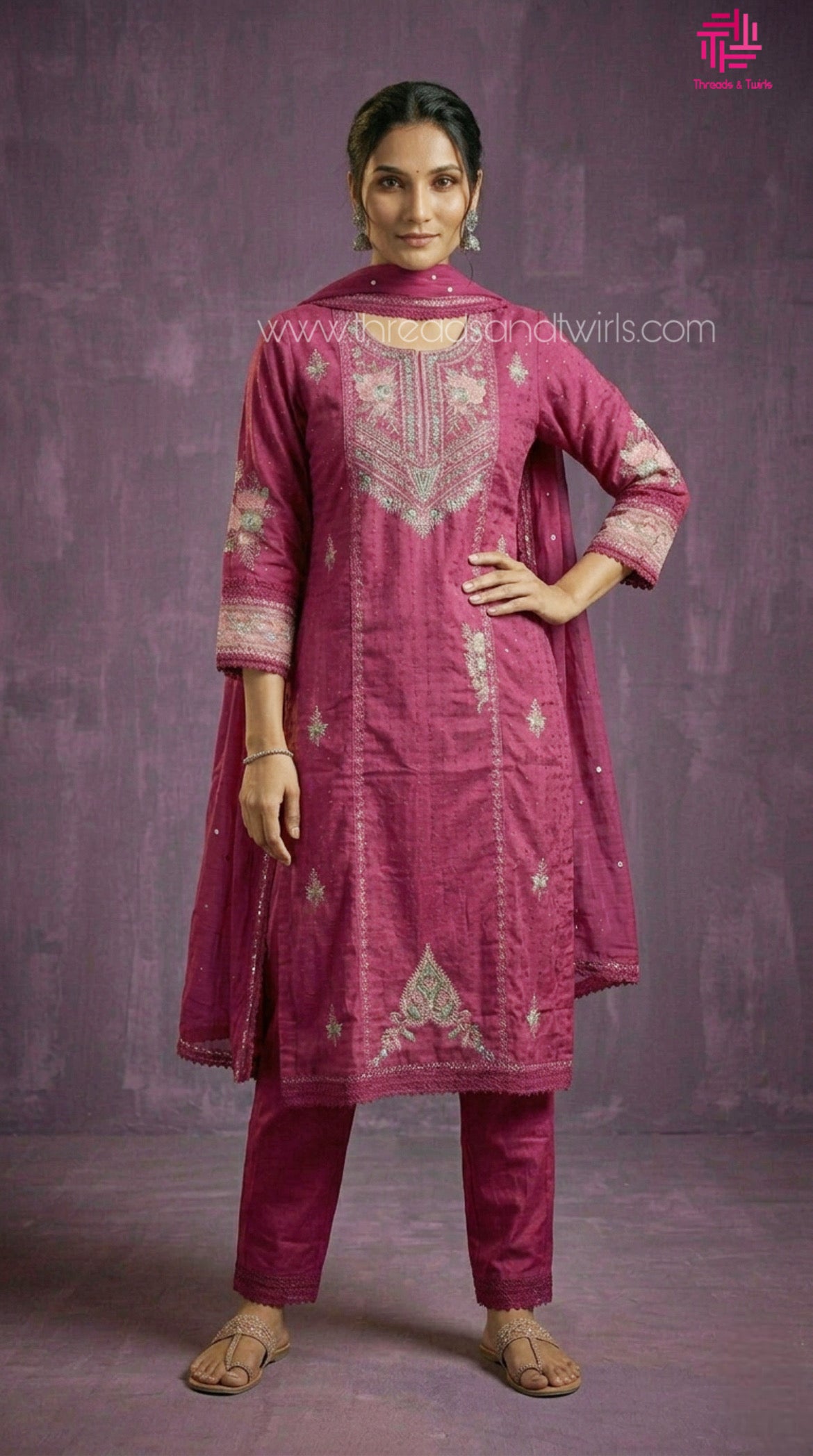 Magenta Pink Dobby Cotton Salwar Suit with Embroidery & Mul Cotton Dupatta – Festive Ethnic Wear