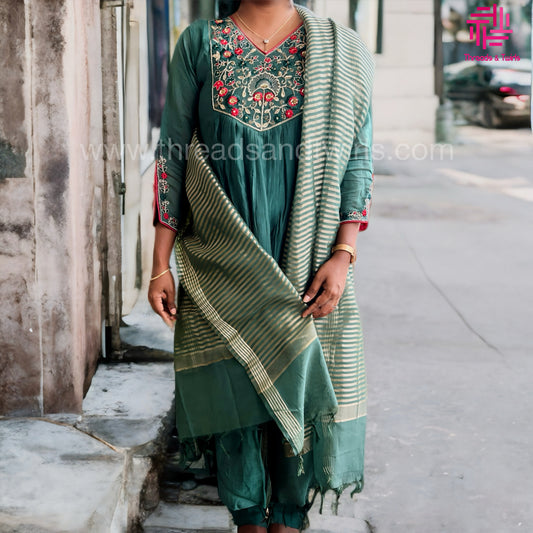 Bottle Green Mul Chanderi Salwar Suit Set with Handwork Zardosi | Threads & Twirls