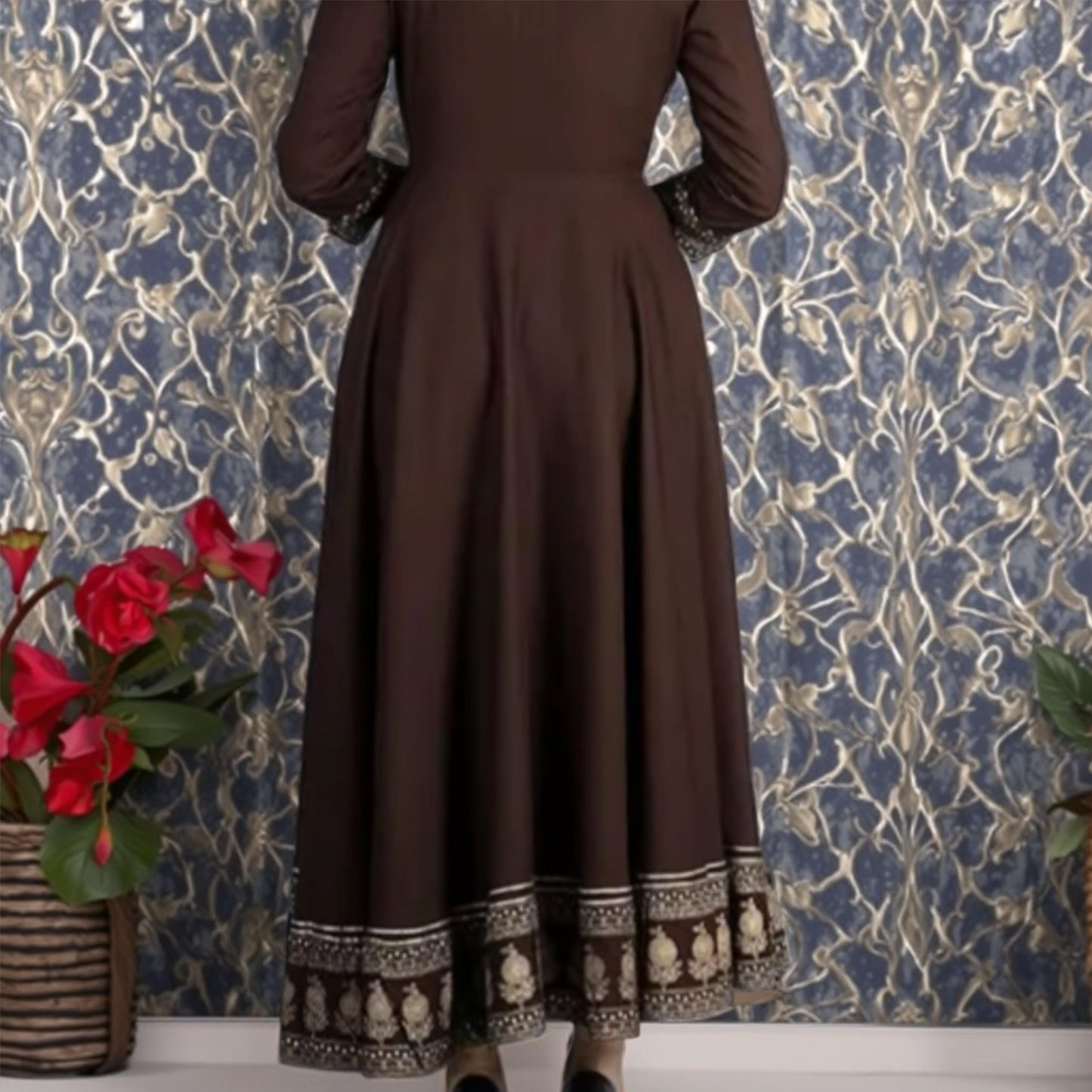 Chocolate Brown Rayon Anarkali Kurta with 3/4 Sleeves – Elegant Ethnic Wear for Women | Threads & Twirls