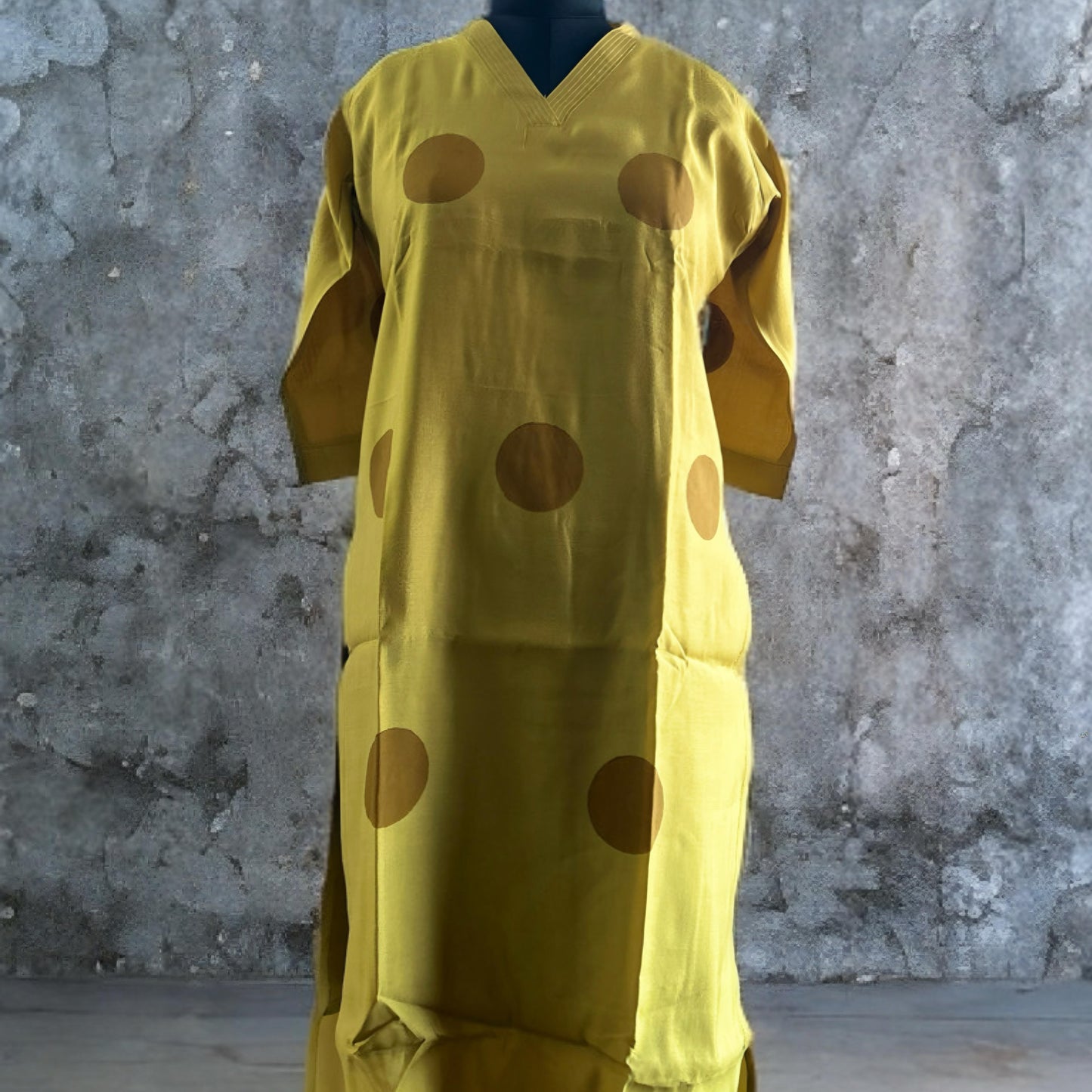 Mustard Yellow Polka Dot Rayon Kurti with V-Neckline – Casual & Chic | Threads & Twirls