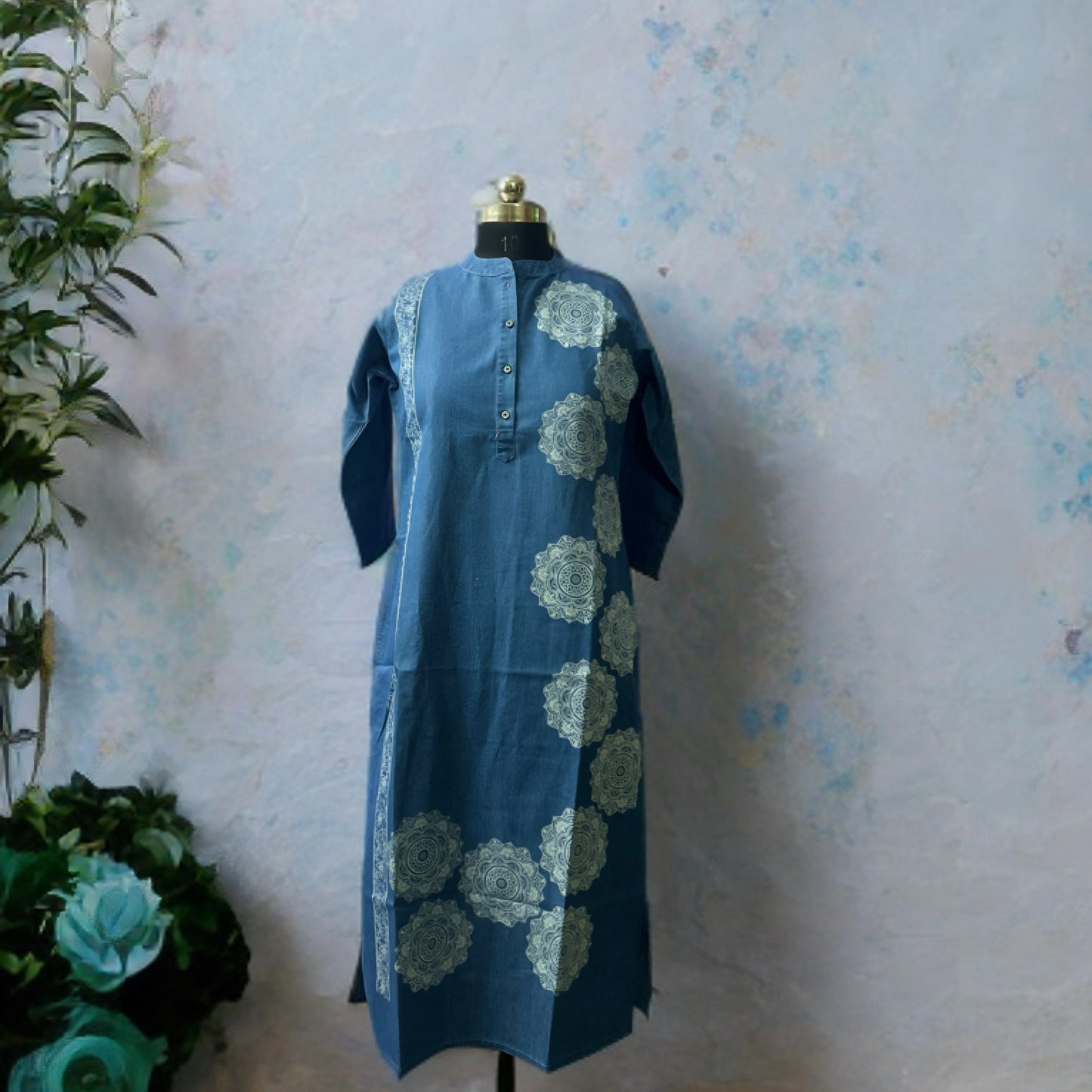 Denim Kurti with Rangoli Print – Casual Chic Cotton Kurti for Women
