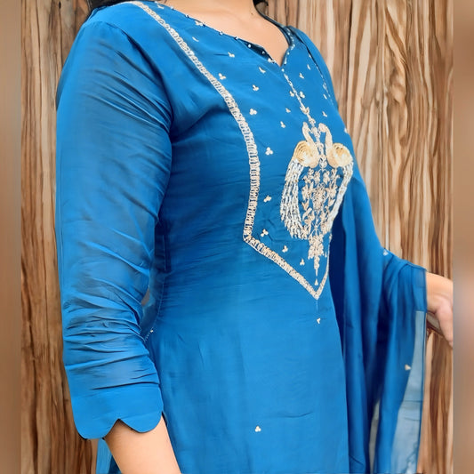 Royal Blue Mul Chanderi Salwar Suit with Peacock Embroidery | Threads & Twirls