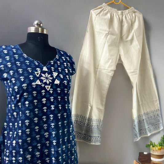 Indigo Kurta Set with Mirror Work Yoke and Contrast Salwar Pant & Attachable Sleeves – Ethnic Wear for Women