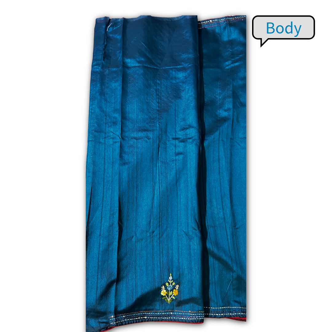 Teal Blue Semi Tussar Silk Saree with Hand Bullion Embroidery | Mriksha sarees