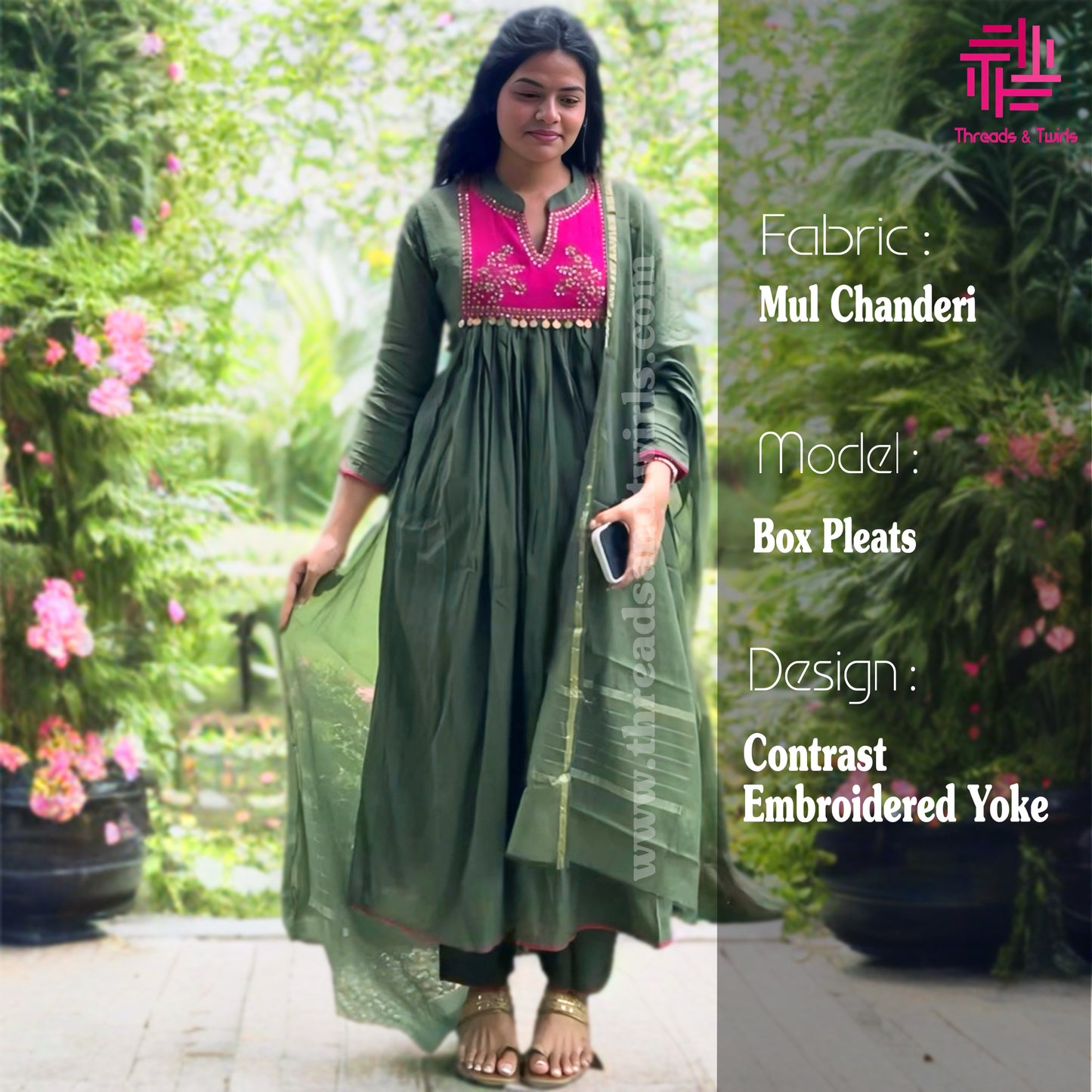 Green Mul Chanderi Salwar Suit with Contrast Embroidered Yoke | Threads & Twirls