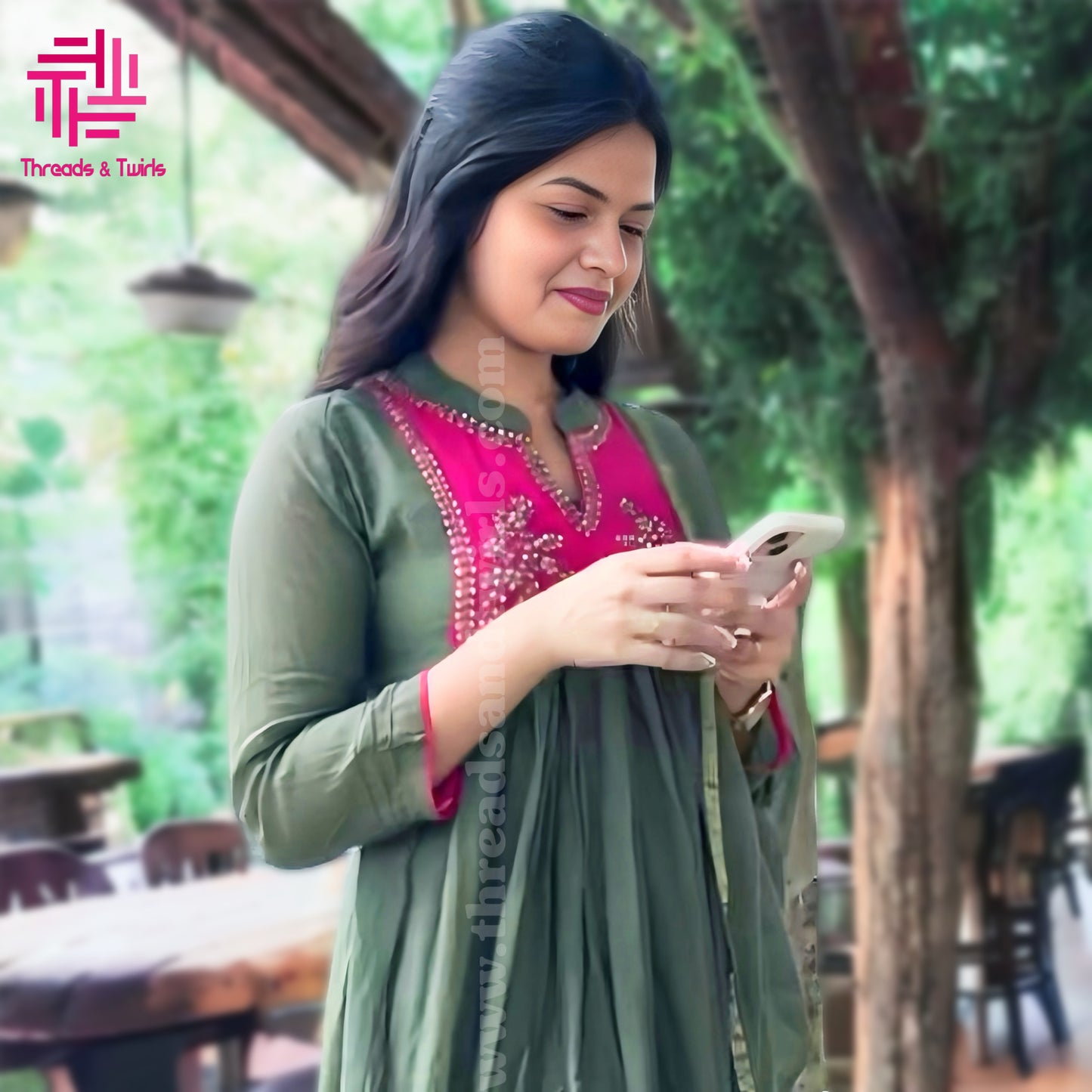 Green Mul Chanderi Salwar Suit with Contrast Embroidered Yoke | Threads & Twirls