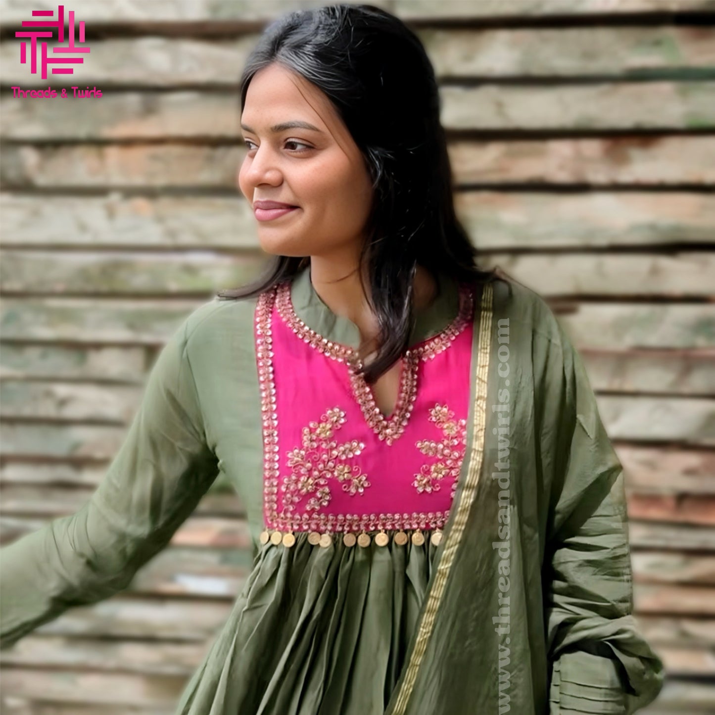 Green Mul Chanderi Salwar Suit with Contrast Embroidered Yoke | Threads & Twirls