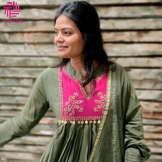 Green Mul Chanderi Salwar Suit with Contrast Embroidered Yoke | Threads & Twirls