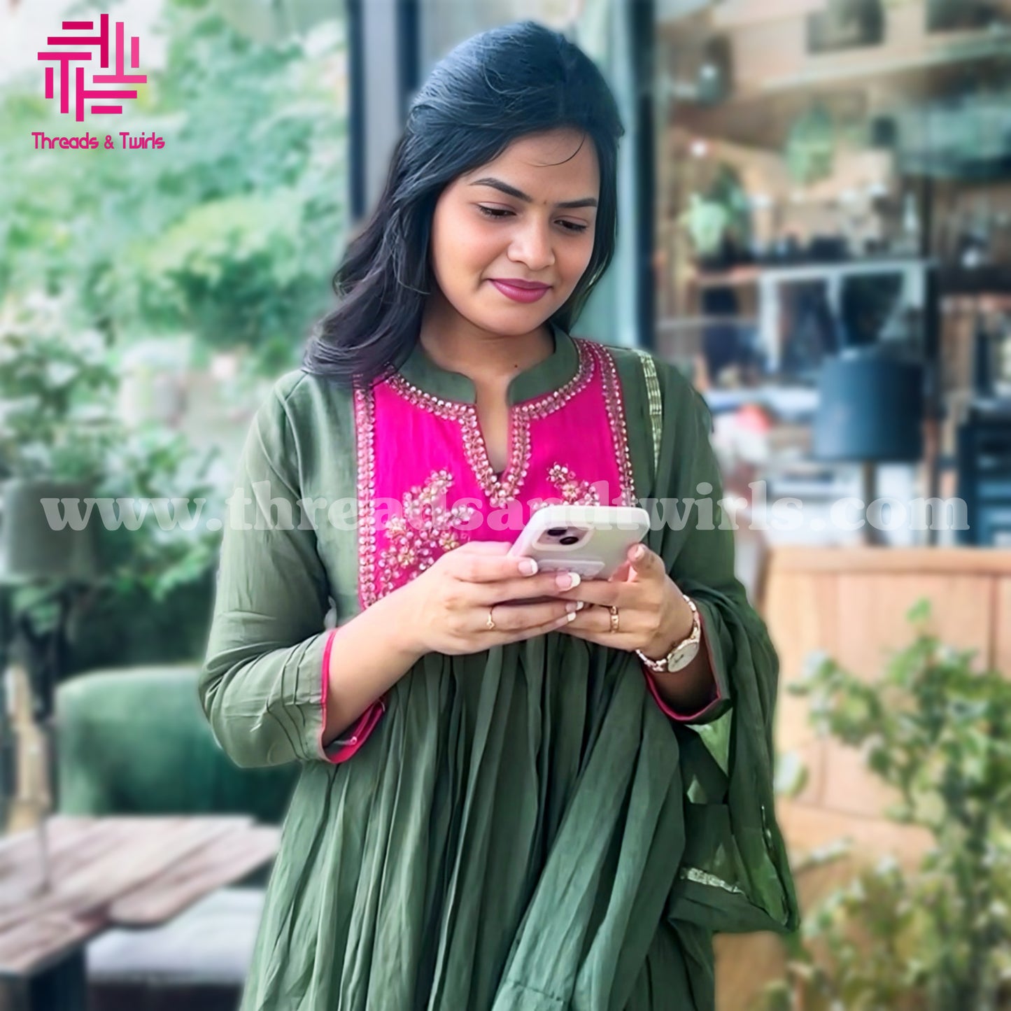 Green Mul Chanderi Salwar Suit with Contrast Embroidered Yoke | Threads & Twirls