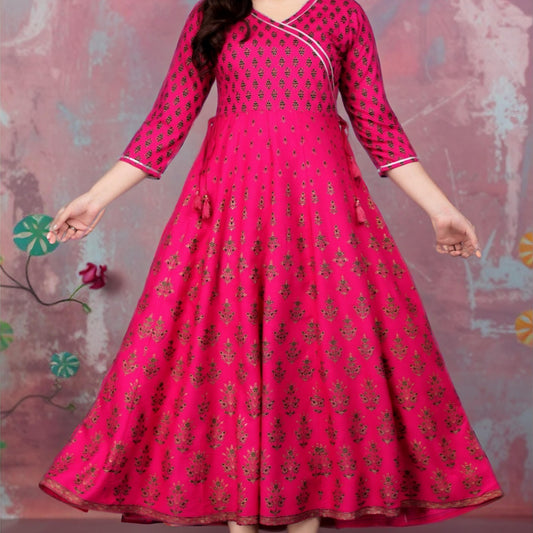 Pink Printed Rayon Anarkali Kurta with 3/4 Sleeves & Side Tassels β Elegant Ethnic Wear for Women | Threads & Twirls