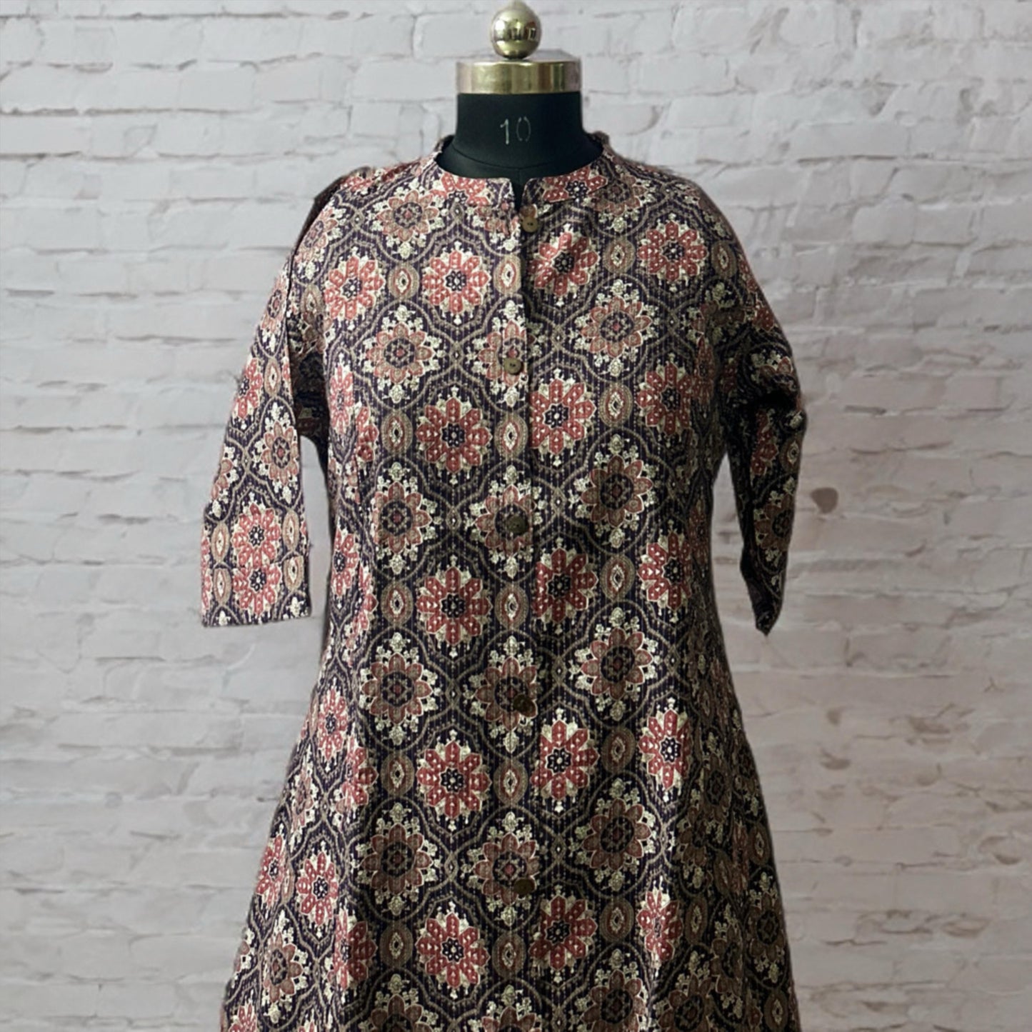Black & Maroon A-Line Cotton Kurta with Kantha Work, Chinese Collar & Side Pocket