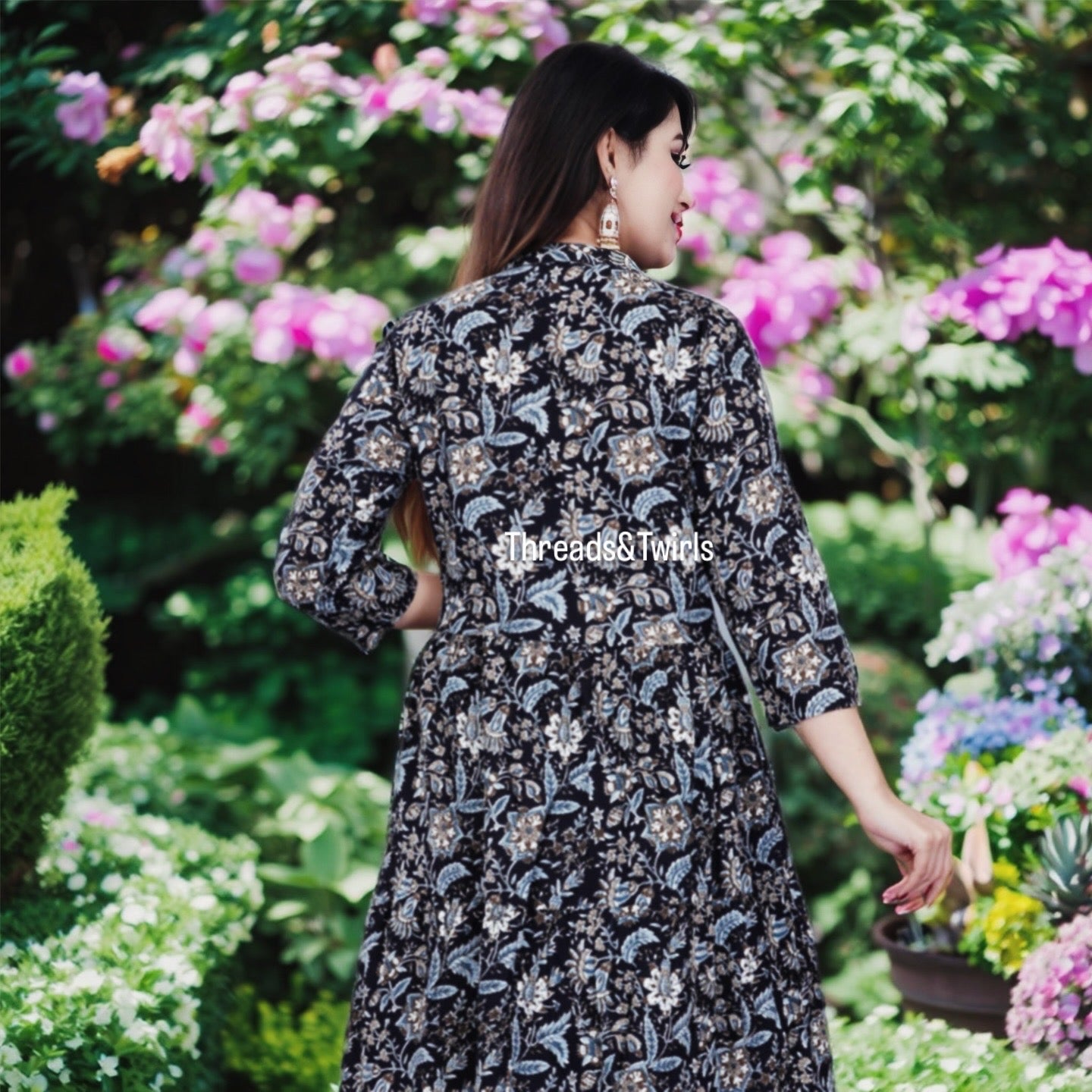 Black & Blue Floral Printed Cotton Anarkali Kurta for Women | Threads & Twirls