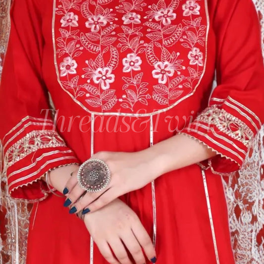 Ranjani - Anarkali Cotton Embroidery Suit - Red | Threads & Twirls