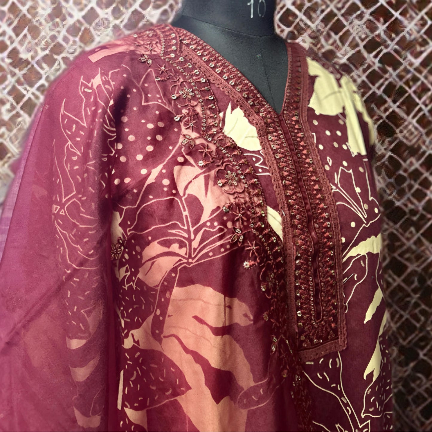Maroon Beige Printed Cotton Kurta Pant Set with Embellished Yoke and Net Dupatta – Elegant Ethnic Wear