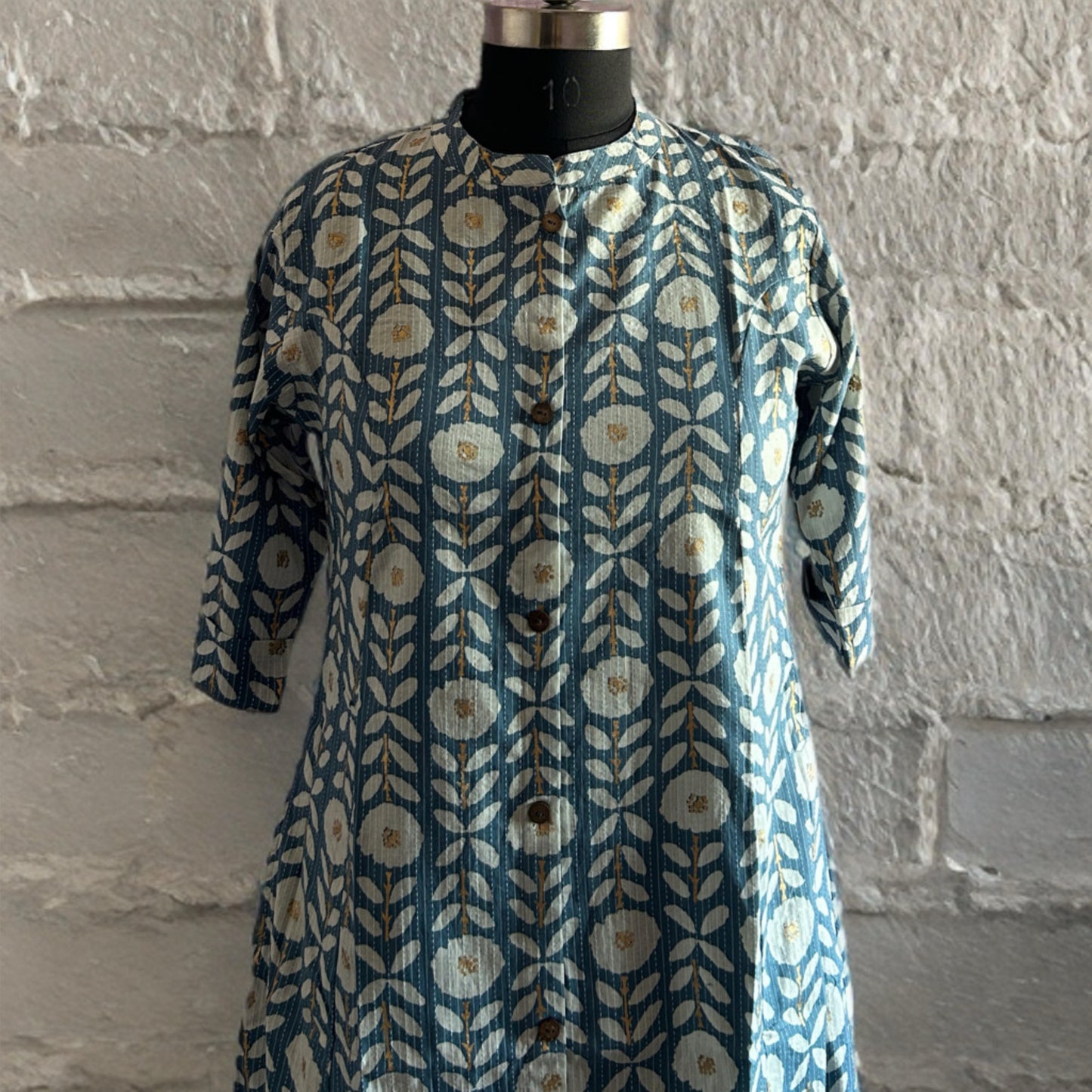 Light Blue A-Line Cotton Kurta with Kantha Work, Chinese Collar & Side Pocket – Elegant Everyday Wear