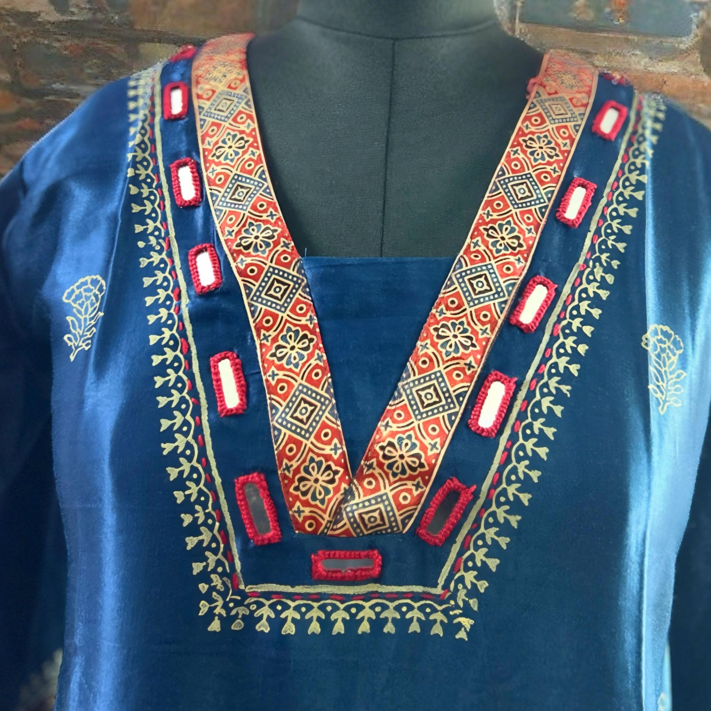 Royal Blue Gajji Silk Kurta with Kalamkari Patchwork, Mirror Detailing & Block Prints – Festive Ethnic Elegance | Threads & Twirls