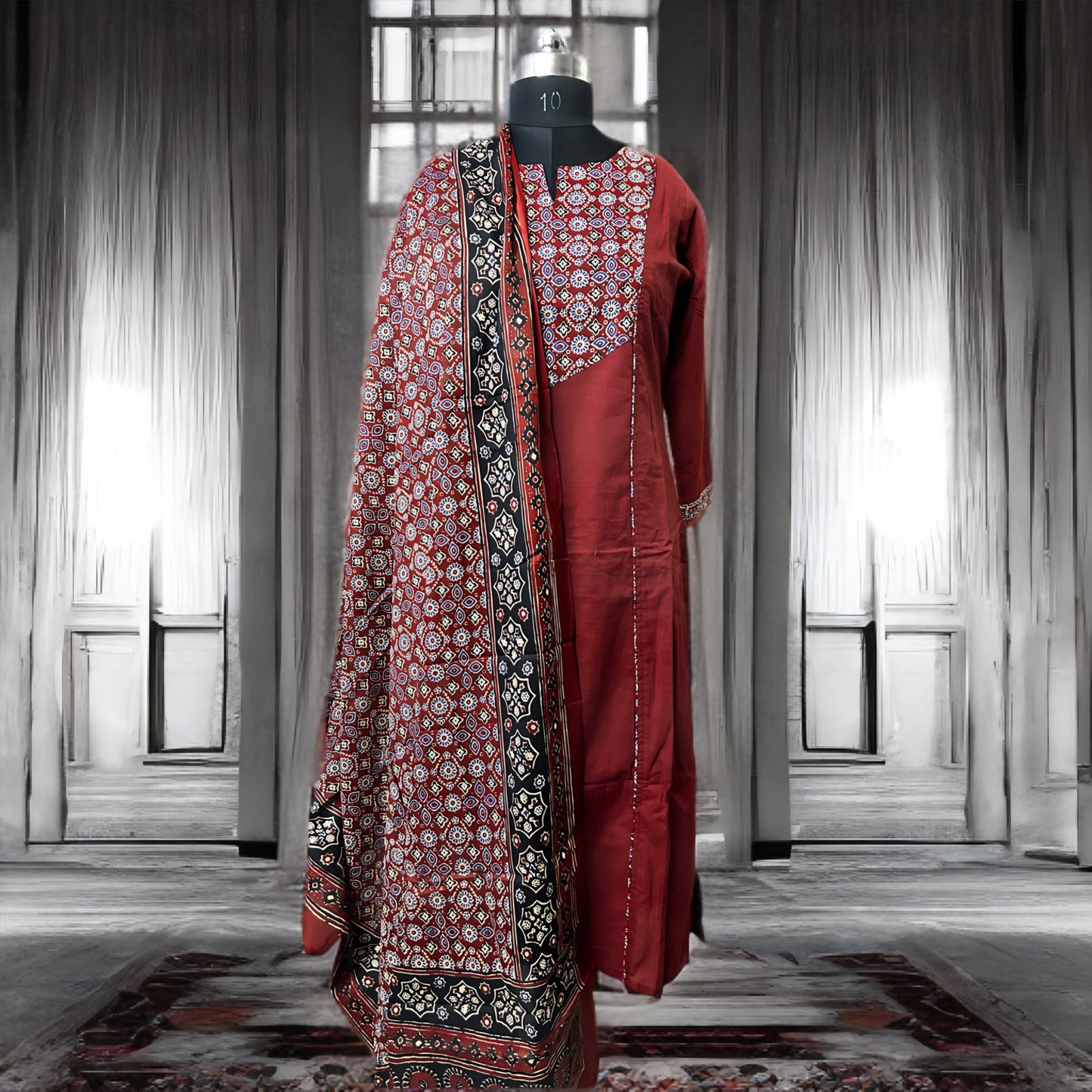 Rust Red & Printed Cotton Salwar Suit with Dupatta – Threads & Twirls