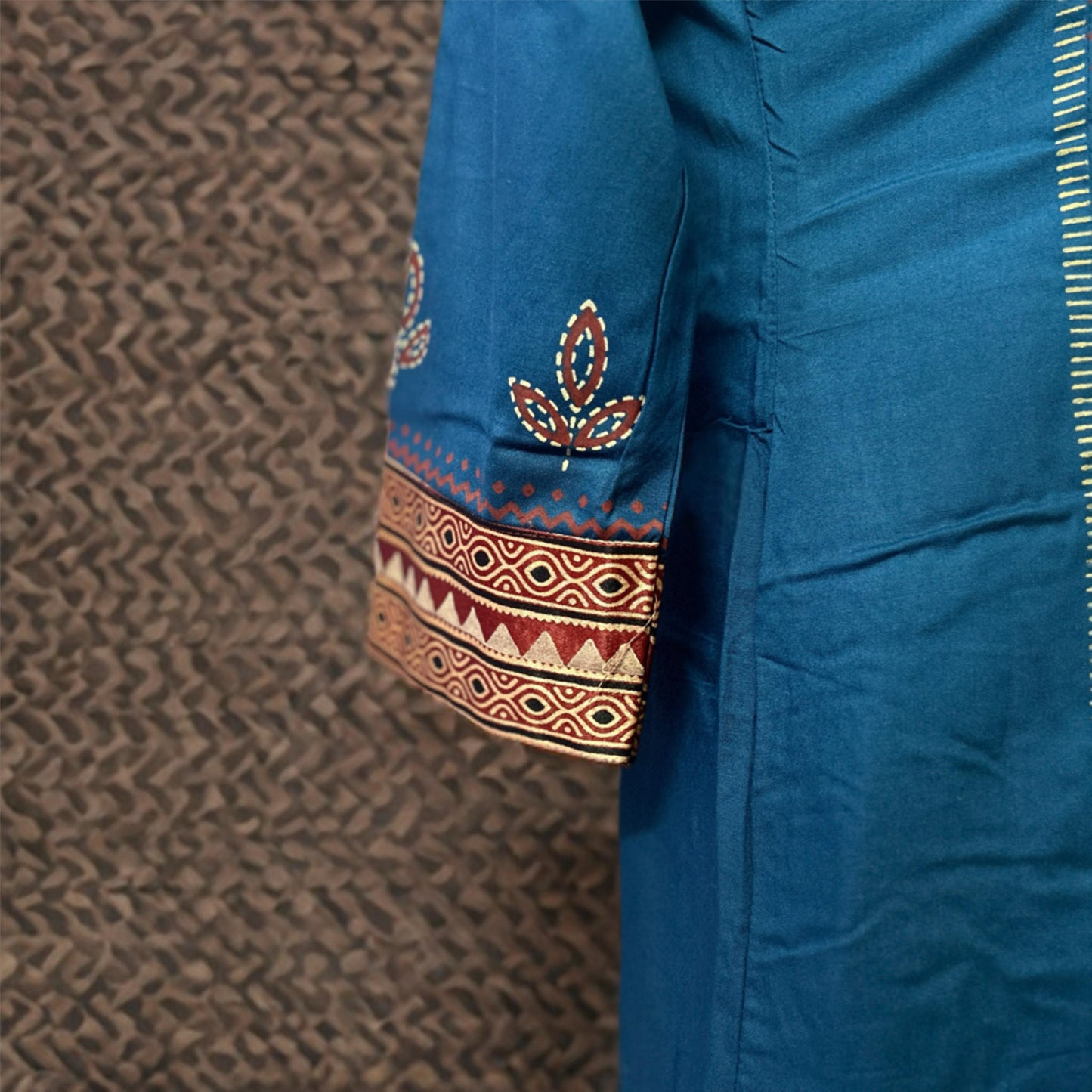 Teal Blue A-Line Rayon Kurta Set with Kalamkari Patchwork, Mirror & Block Print Detailing