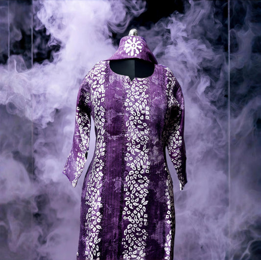 Purple Bandhani Print Kurtha Set with Dupatta & Pant – Traditional Elegance with Contemporary Comfort