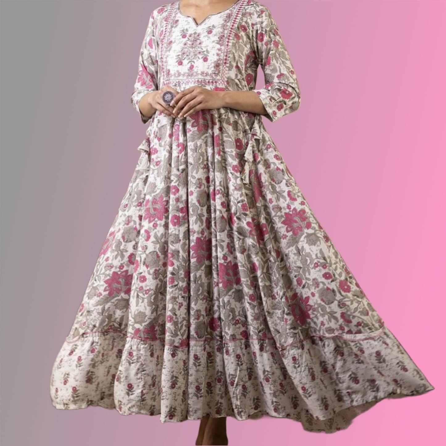 Grey and Pink Floral Anarkali Kurta | Threads and Twirls