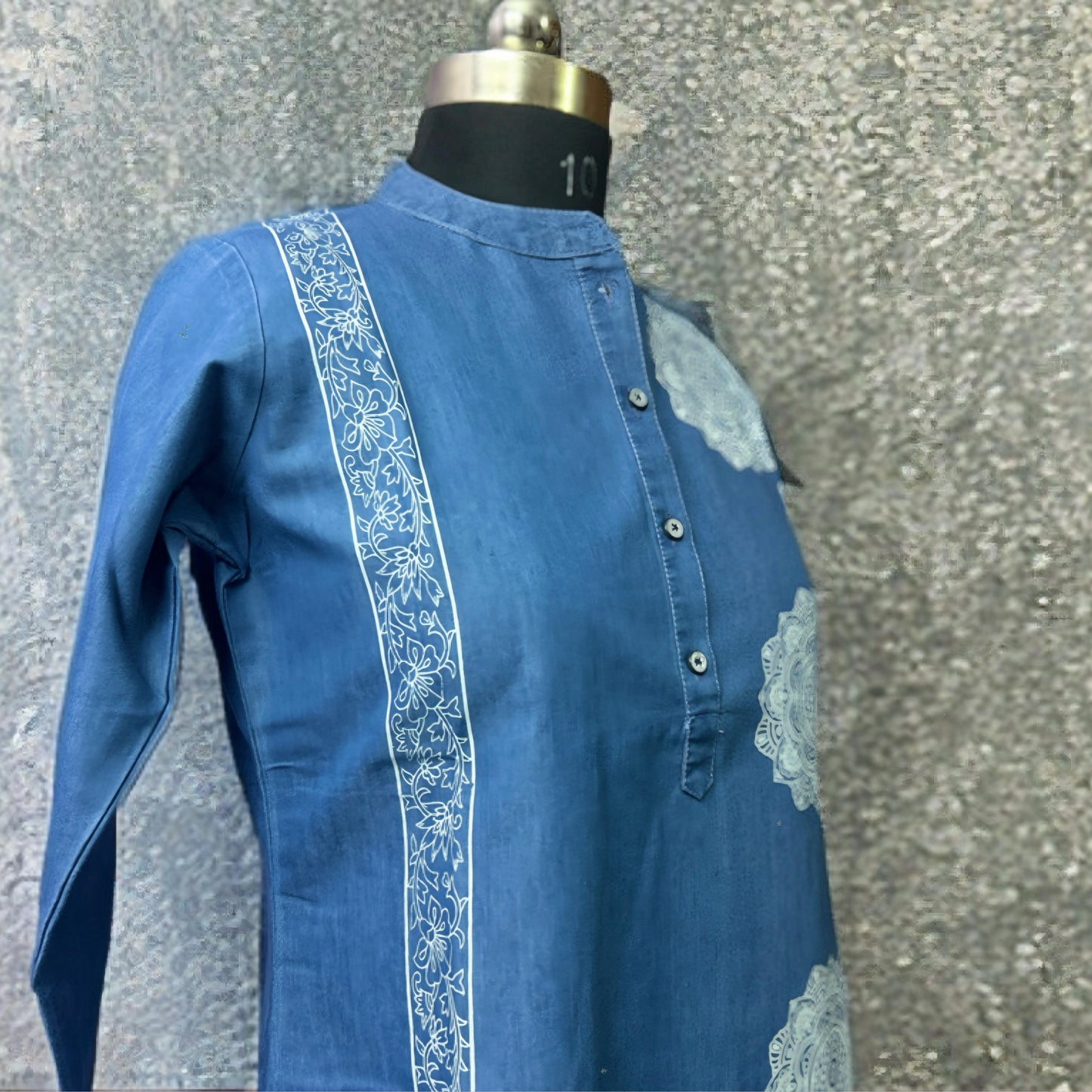 Denim Kurti with Rangoli Print – Casual Chic Cotton Kurti for Women