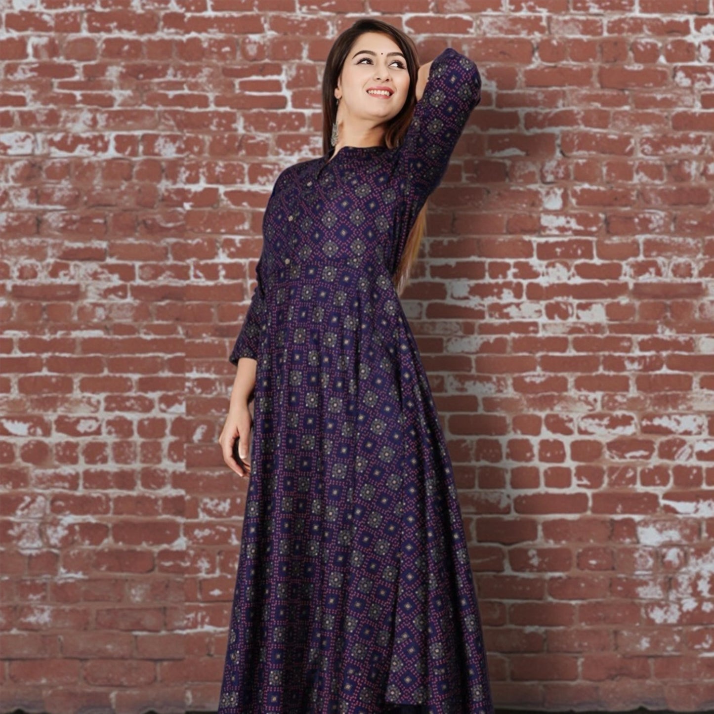 Purple Geometric Printed Anarkali Kurta for Women – Cotton Blend, Flared Fit | Threads & Twirls