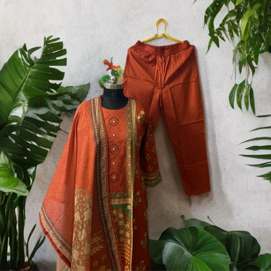 Rust Orange Embroidered Cotton Kurta Pant Set with Printed Chiffon Dupatta – Traditional Festive Wear